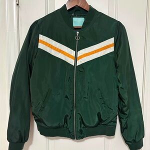Green Bomber Jacket with Orange and White Accents